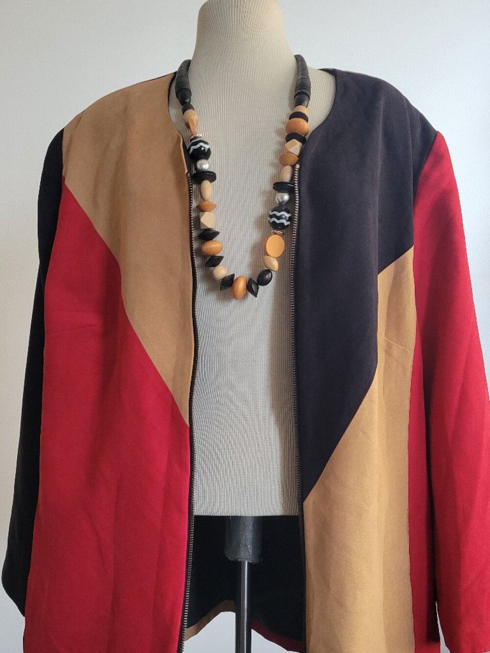 Maggie Barnes Faux Suede Colorblock Jacket 1X NWT Red Tan Navy